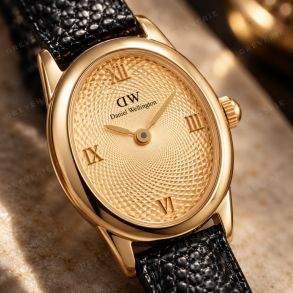 Daniel Wellington Ladies Golden Guilloché Black Leather Strap 22mm